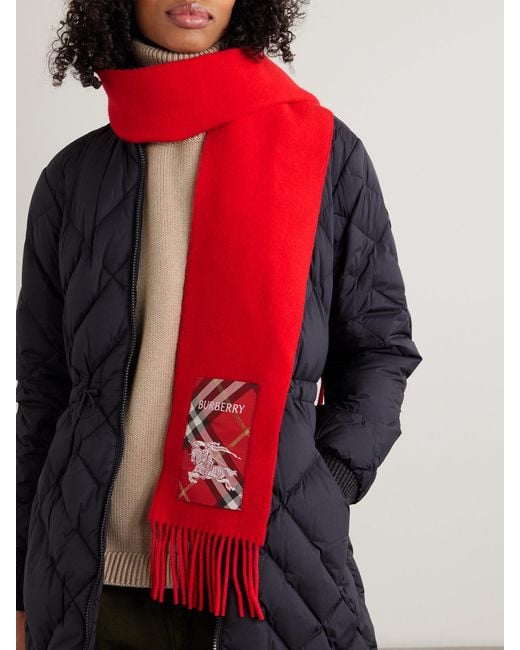Burberry Red Appliquéd Fringed Cashmere Scarf