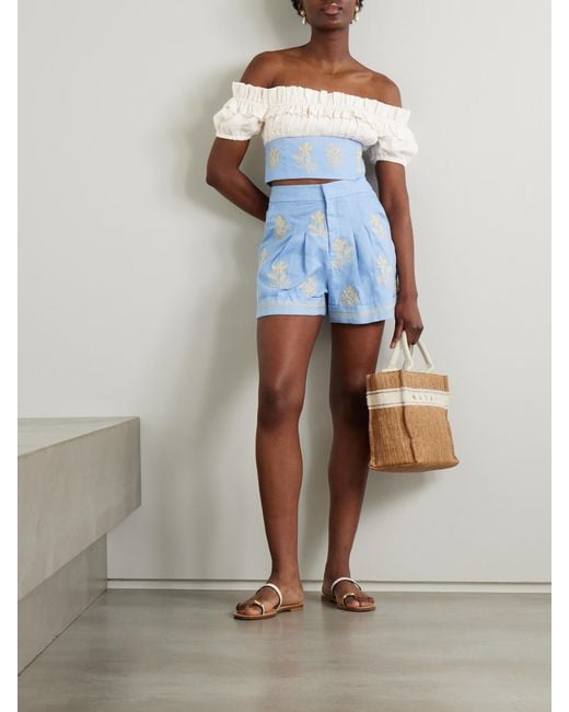 Agua Bendita Blue Romy Madera Embroidered Linen Shorts