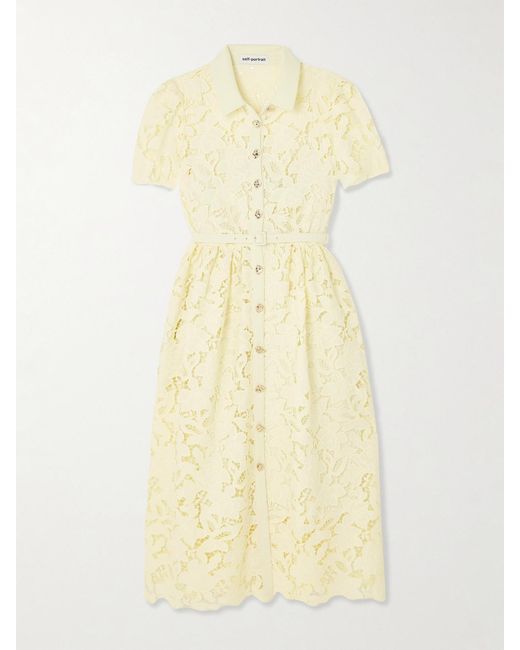 Self-Portrait Yellow Belted Corded Lace Midi Dress