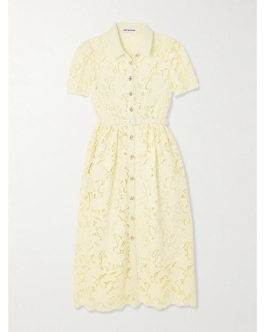 Self-Portrait Yellow Belted Corded Lace Midi Dress