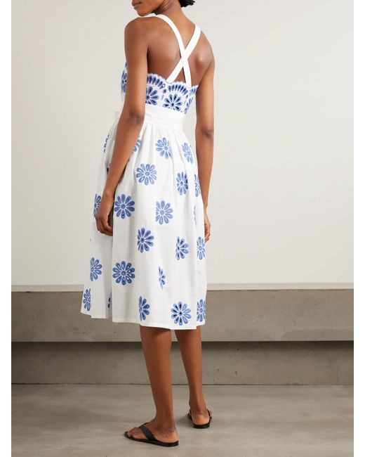 Loretta Caponi Blue Belted Scalloped Broderie Anglaise Cotton Midi Dress