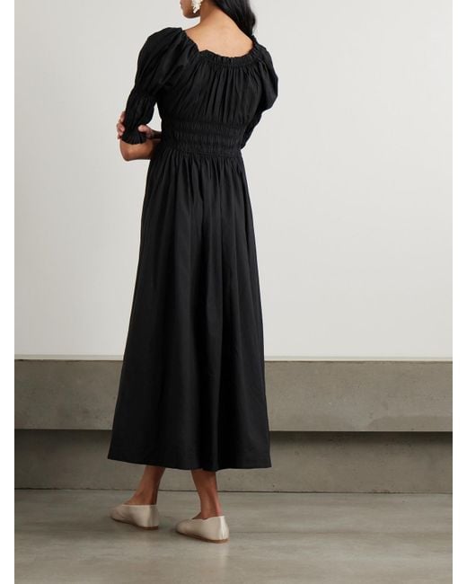 Doen Black Ischia Shirred Organic Cotton-Voile Midi Dress