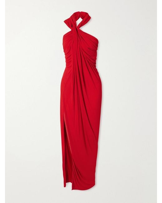 Balmain Red Draped Halterneck Jersey Maxi Dress