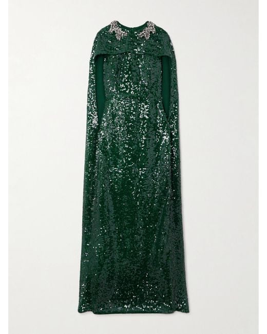 Erdem Green Robe Aus Crêpe Mit Kristallen, Pailletten Und Cape-Effekt