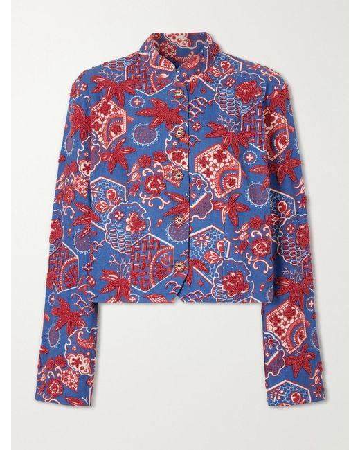 Alix Of Bohemia White Clarke Delft Hive Cropped Embellished Printed Cotton Jacket