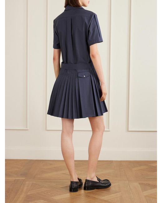 Loewe Blue Belted Pleated Cotton-Blend Mini Shirt Dress