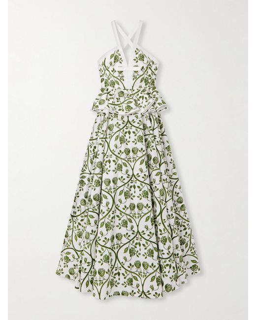 Giambattista Valli White Floral-Print Cotton-Poplin Peplum Maxi Dress