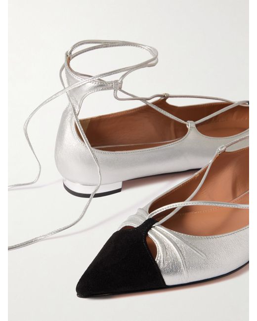 Aquazzura Natural Gabi Lace-Up Metallic Leather Point-Toe Flats