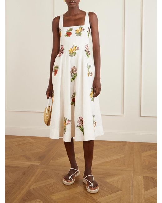 Agua Bendita Natural Frontera Embellished Floral-Appliqué Linen Midi Dress