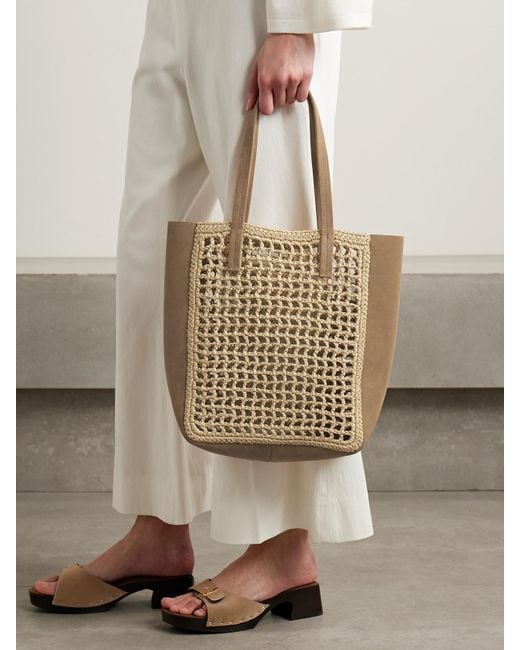 Khaite Natural Zoe Small Suede And Crocheted Raffia Tote