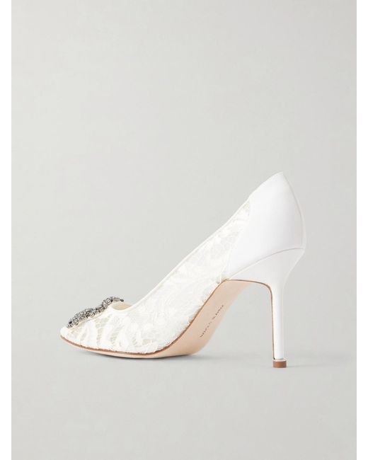 Manolo Blahnik Gray Hangisi 90 Crystal-Embellished Corded Lace Pumps