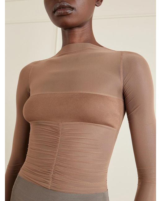 Rick Owens Brown Ruched Stretch-Mesh T-Shirt