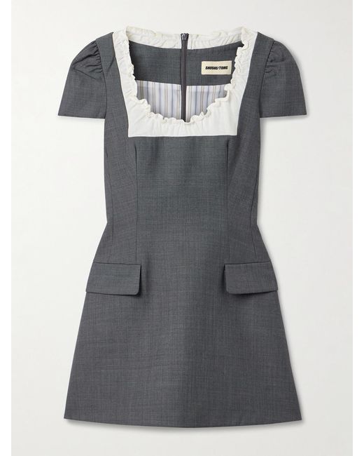 ShuShu/Tong Gray Ruffled Wool-Blend Gauze-Trimmed Twill Mini Dress