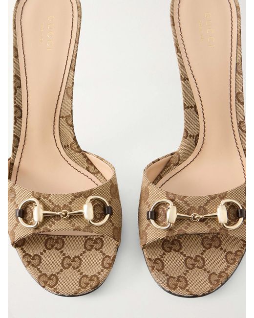 Gucci Natural Horsebit-Embellished Canvas-Jacquard Mules