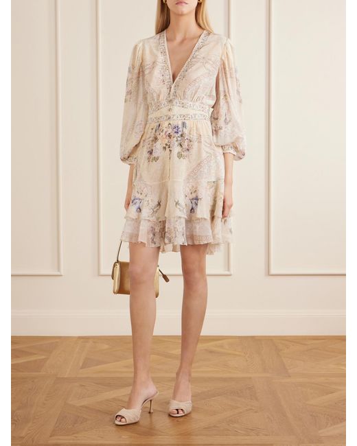 Camilla Natural Printed Embellished Silk-Chiffon Midi Dress