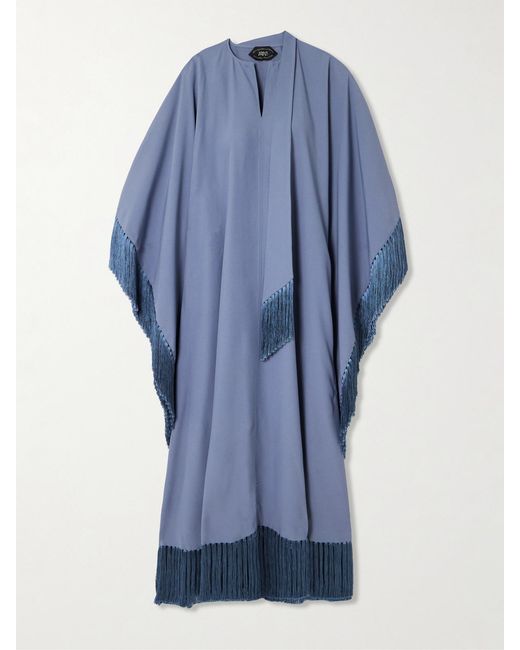 ‎Taller Marmo Blue Hammamet Fringed Crepe-Cady Cape-Effect Gown