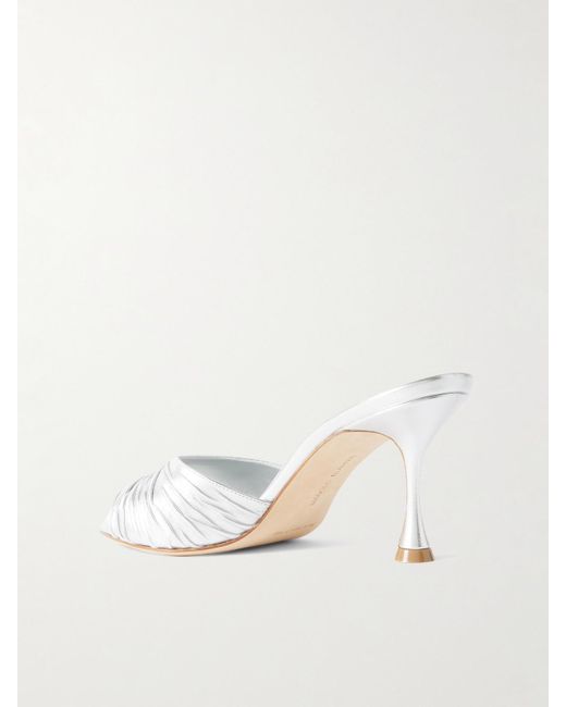 Manolo Blahnik White Pirua 70 Crinkled Metallic Leather Mules