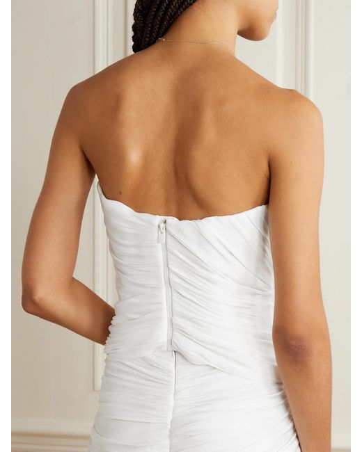 Marmar Halim White Strapless Draped Plissé Silk-Satin Top