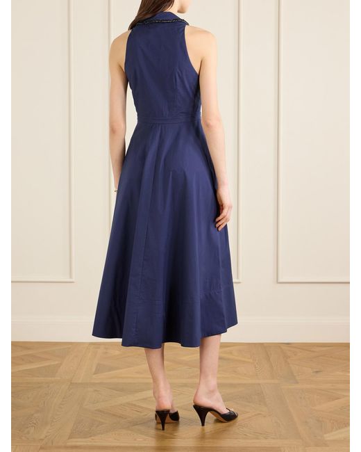 Saloni Blue Jessica Crystal-Embellished Cotton-Blend Poplin Midi Dress