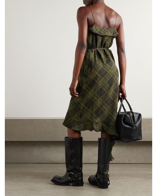 Burberry Green Asymmetric Ruffled Checked Silk-Crepe Dress