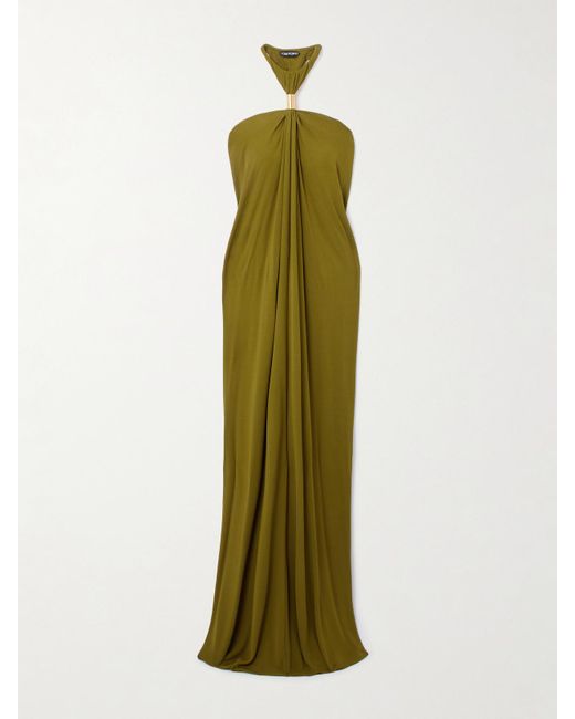Tom Ford Green Gathered Embellished Jersey Halterneck Gown
