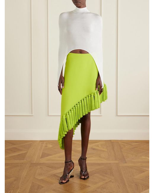 Alaïa Green Tassle Fringed Asymmetric Wool-Gabardine Midi Skirt