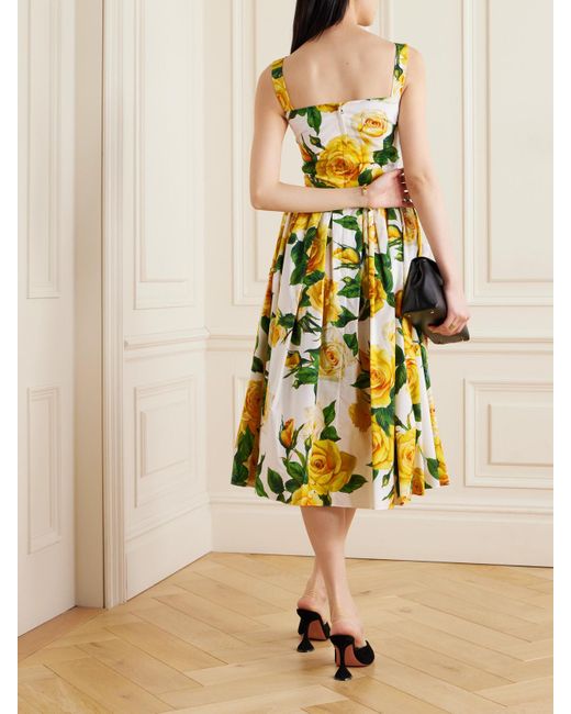 Dolce & Gabbana Yellow Floral-Print Cotton Midi Dress