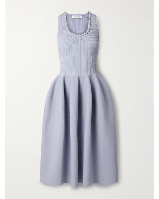 Self-Portrait Blue Crystal-Embellished Ribbed Stretch-Knit Midi Dress