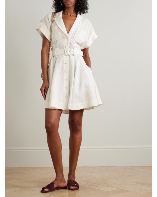 Zimmermann Natural Awaken Belted Linen Mini Shirt Dress