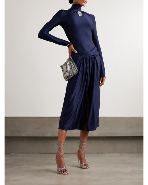 Rabanne Blue Crystal-Embellished Gathered Satin-Jersey Top