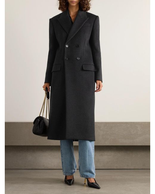 Saint Laurent Black Double-Breasted Brushed Wool And Cashmere-Blend Coat