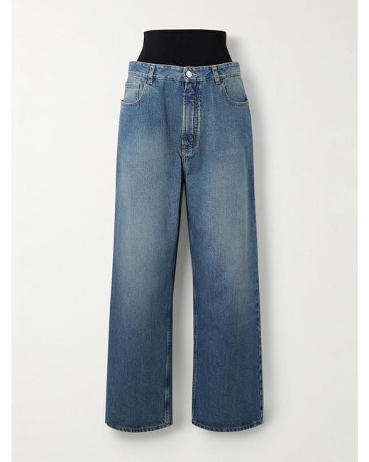 Alaïa Blue Layered Jersey-Trimmed Wide-Leg Jeans