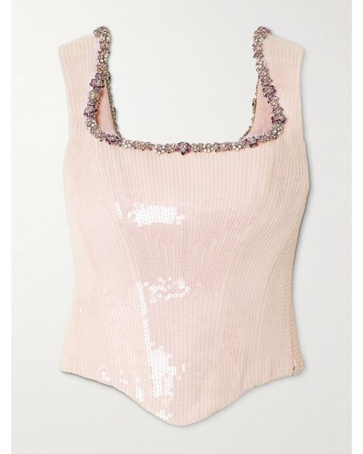 Clio Peppiatt Pink Blossom Crystal-Embellished Sequined Tulle Bustier Top