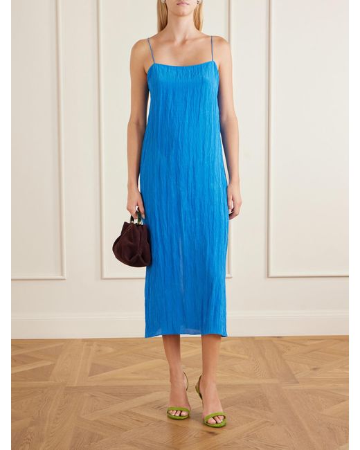 Tibi Blue Crinkled Satin Midi Dress
