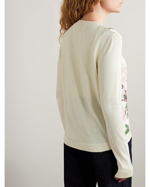 Oscar de la Renta Natural Paneled Knitted And Floral-Print Silk-Blend Twill Cardigan