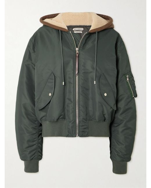 J.W. Anderson Green Hooded Padded Shell And Shearling Bomber Jacket
