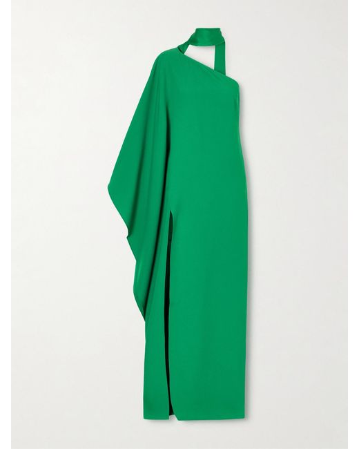 Taller Marmo Green Paloma One-Shoulder Scarf-Detailed Crepe-Cady Gown