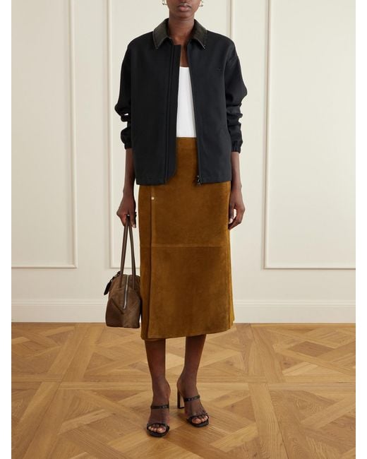 Max Mara Brown Logo-Debossed Leather-Trimmed Suede Shoulder Bag