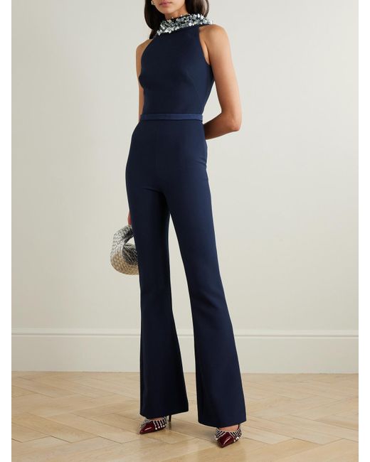 Safiyaa Blue Luna Embellished Duchesse Satin-Trimmed Crepe Jumpsuit