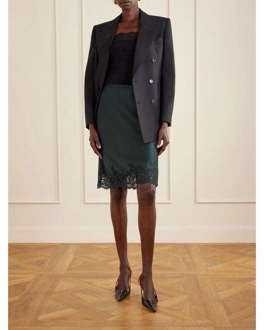 Saint Laurent Green Lace-Trimmed Silk-Satin Skirt