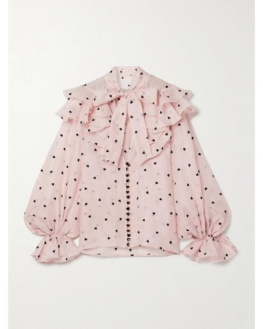 Zimmermann Pink Crush Ruffled Embroidered Linen And Silk-Blend Organza Blouse