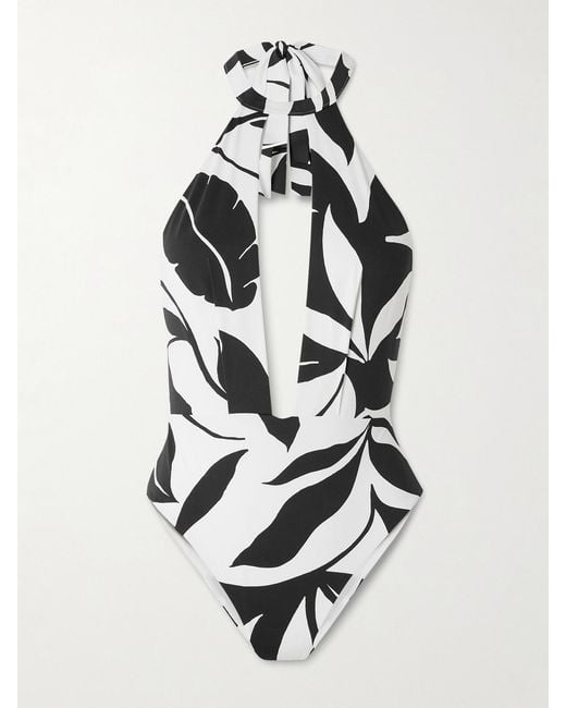 Max Mara White Beachwear Printed Halterneck Swimsuit