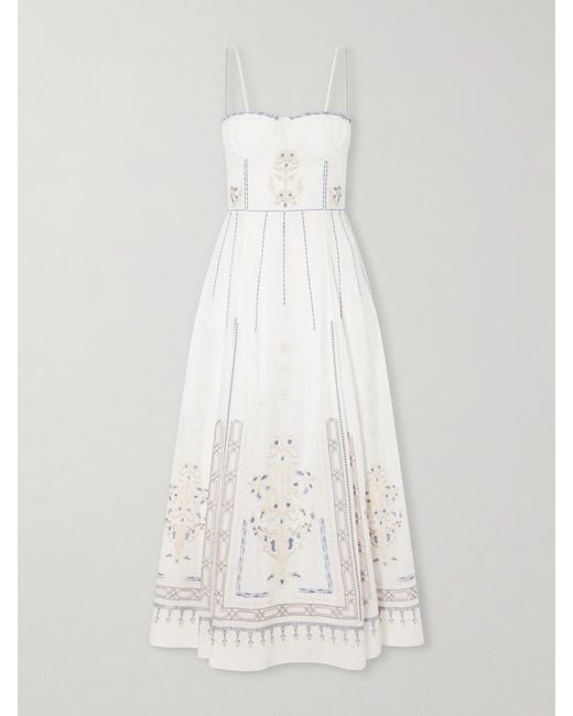 Emporio Sirenuse White Valya Embroidered Pleated Cotton-Poplin Midi Dress
