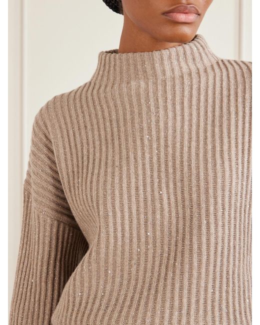 Brunello Cucinelli Natural Sequin-Trimmed Ribbed-Knit Turtleneck Sweater