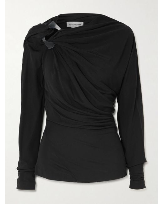 Victoria Beckham Black Asymmetric Embellished Draped Jersey Top