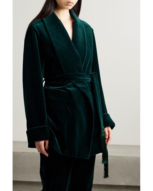 Loro Piana Blue Raniya Belted Macramé-Trimmed Cotton-Blend Velvet Jacket