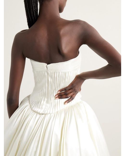 Danielle Frankel White Ella Strapless Frayed Pintucked Silk And Wool-Blend Satin Bustier Top