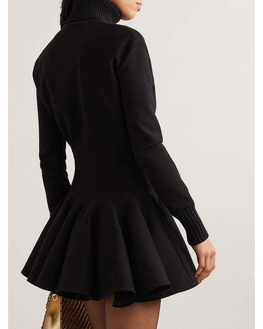 Valentino Garavani Black Pleated Knitted Wool-Blend Turtleneck Mini Dress