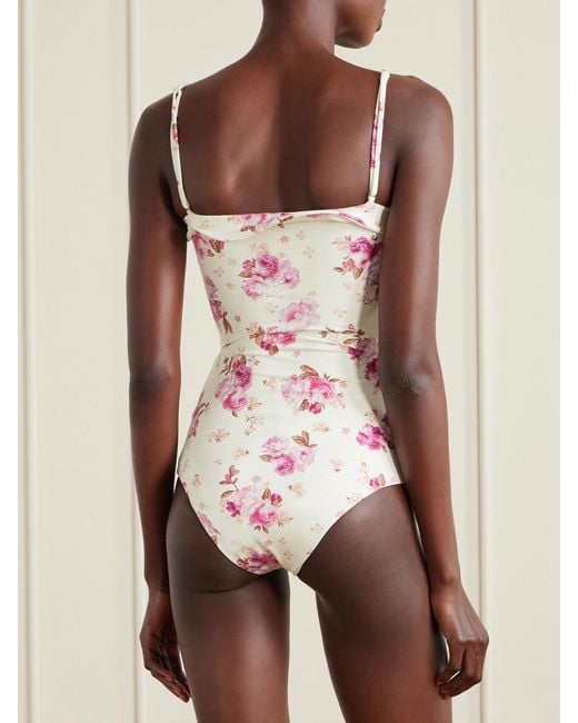 Magda Butrym Pink Embellished Gathered Floral-Print Swimsuit