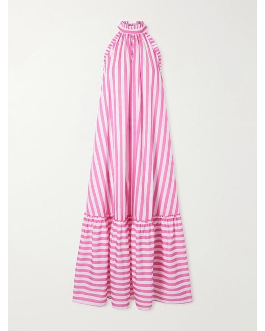 Loretta Caponi Pink Melinda Ruched Striped Cotton-Poplin Halterneck Maxi Dress